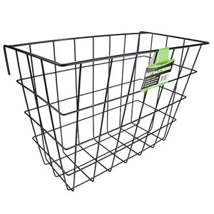 Black wire hay storage basket with a tag on a white background