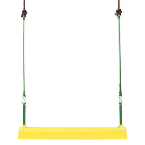 Yellow swing seat for chickens with green chains on a white background