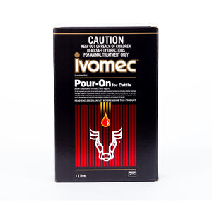Ivomec Pour-On 1 Litre packaging for cattle on a white background