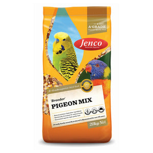 A bag of Jenco Breeder Pigeon Mix featuring images of two colorful parrots on the front, with the product details and weight indicated.