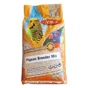 Bag of Jenco Pigeon Breeder Mix with parrot illustrations on a white background