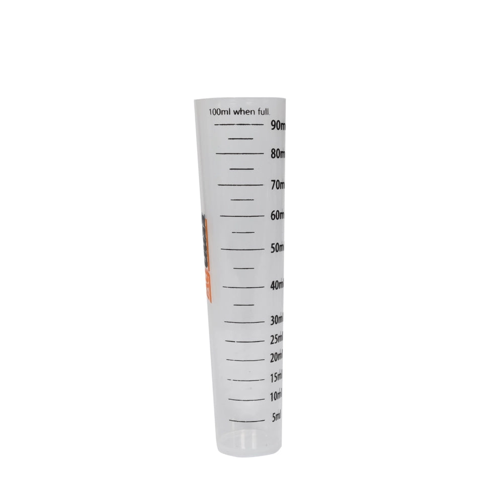 Clear measuring cylinder with measurement markings on a white background