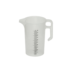 Clear plastic measuring jug with measurement markings on a white background