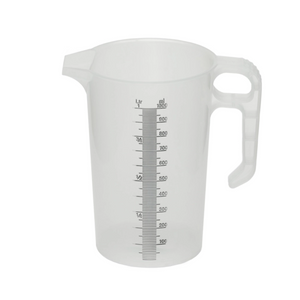 Clear measuring cup with measurement markings on a white background