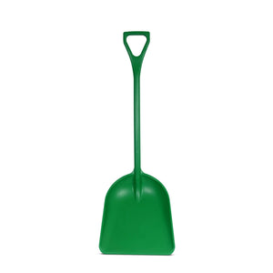 Green plastic grain shovel on a white background
