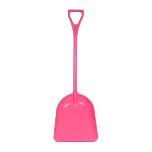 Pink grain shovel with a long handle on a white background