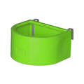 Lime green d-shaped animal feeder with metal brackets on a white background