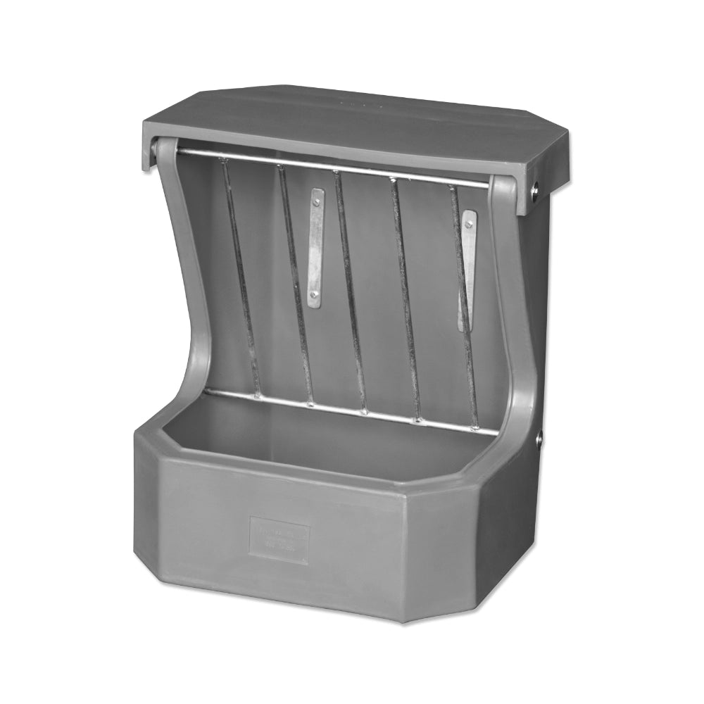 Grey plastic horse feeder with metal rungs on a white background