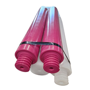 A pink and white plastic jump pole with a black band on a white background
