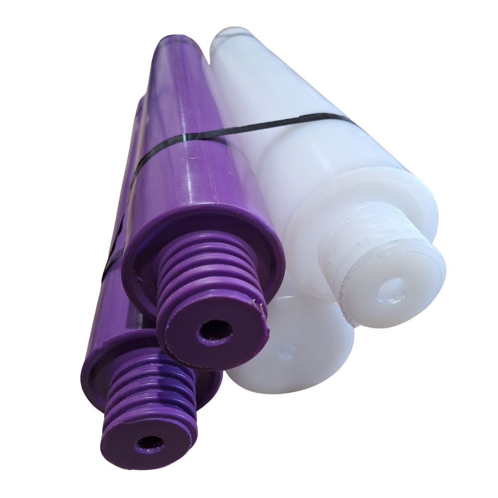 Purple and white plastic Cavaletti Jump Pole on a white background
