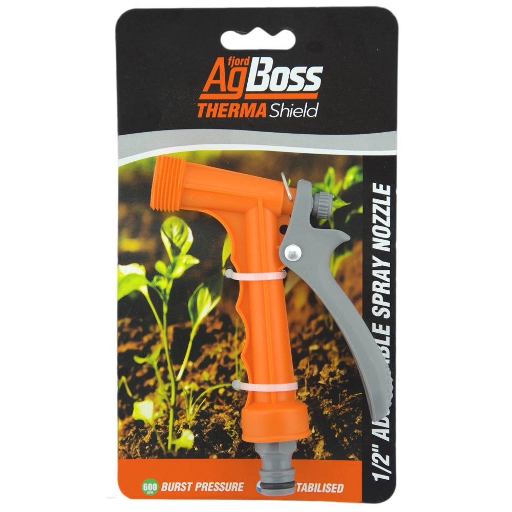 Orange garden spray nozzle with 'AgBoss Therma Shield' packaging on a white background