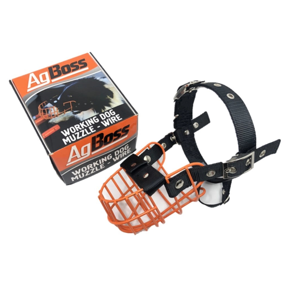 Dog muzzle with wire and packaging labeled 'Ag Boss' on a white background