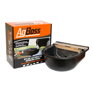 Black nylon automatic drinking bowl with AgBoss packaging on a white background