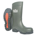 Green rubber boot with red sole and 'The Kiewa Gumboot' branding on a white background