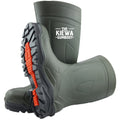 Green gumboot with orange sole and 'The Kiewa Gumboot' branding on a white background