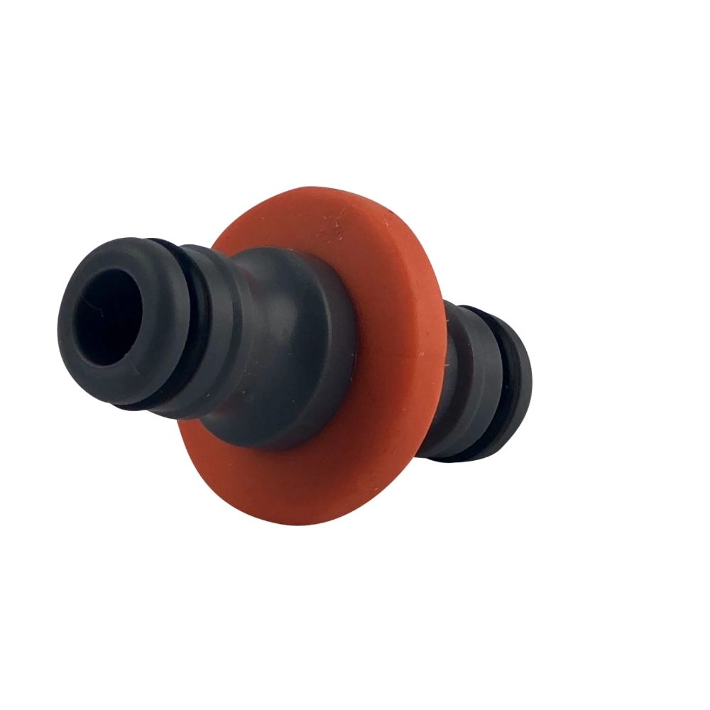 Black and orange hose fitting on a white background