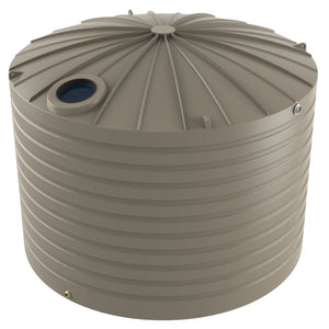 Beige water storage tank with a blue valve on a white background
