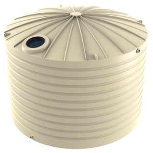 Beige plastic water storage tank with a dome-shaped lid on a white background