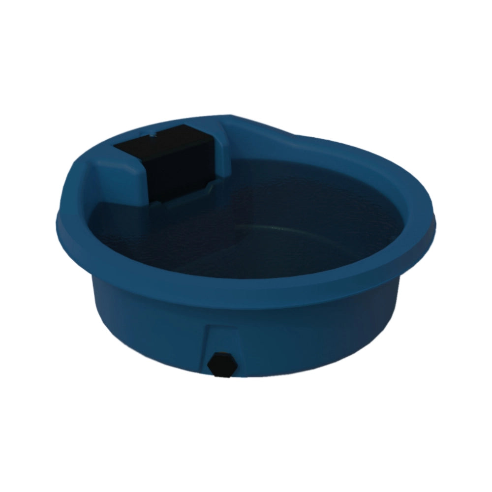 Blue and black round plastic water trough on a white background