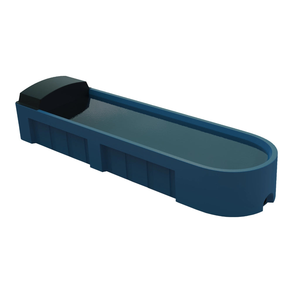 Blue plastic water trough with a black float cover at the end on a white background