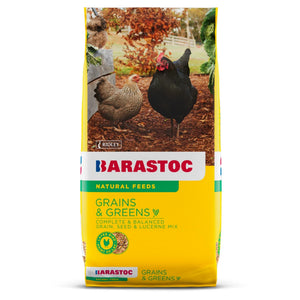 Barastoc Grains & Greens feed bag with chickens on a natural background
