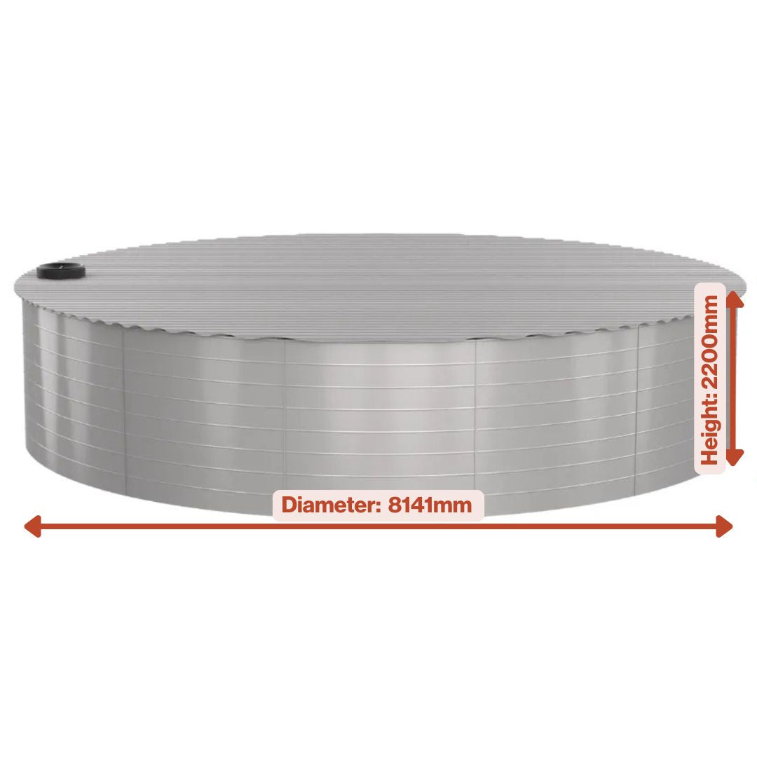 Steel cylindrical water tank with measurements on a white background