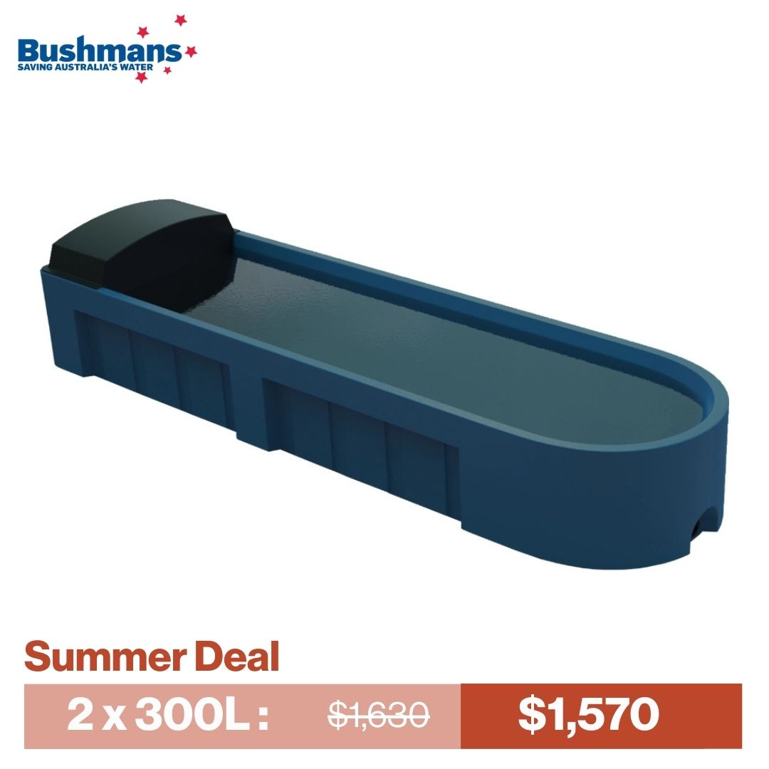Blue water trough with black top on a white background, featuring Bushmans branding and a summer deal offer.