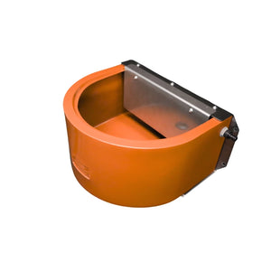 Orange d feeder container with a metal lid on a white background