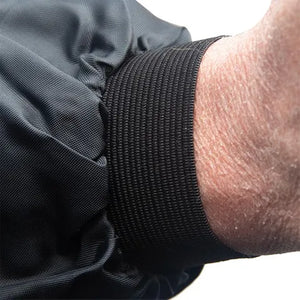 Close-up of a person's wrist wearing a dark gray sleeve with a black elastic band.
