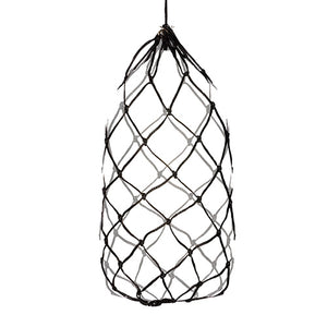 Black netting bag hanging against a white background