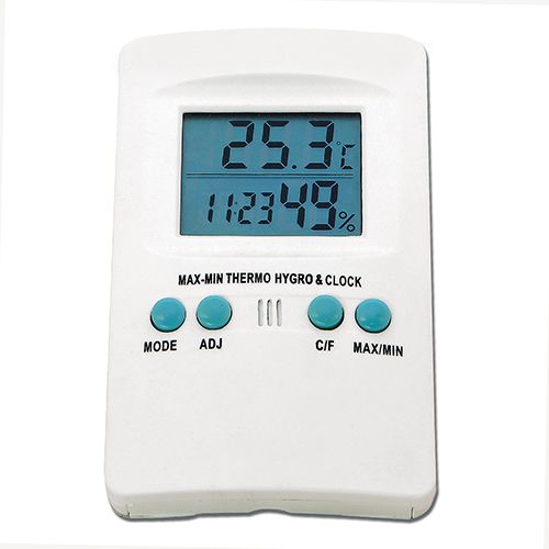 Digital thermometer with temperature and humidity display on a white background