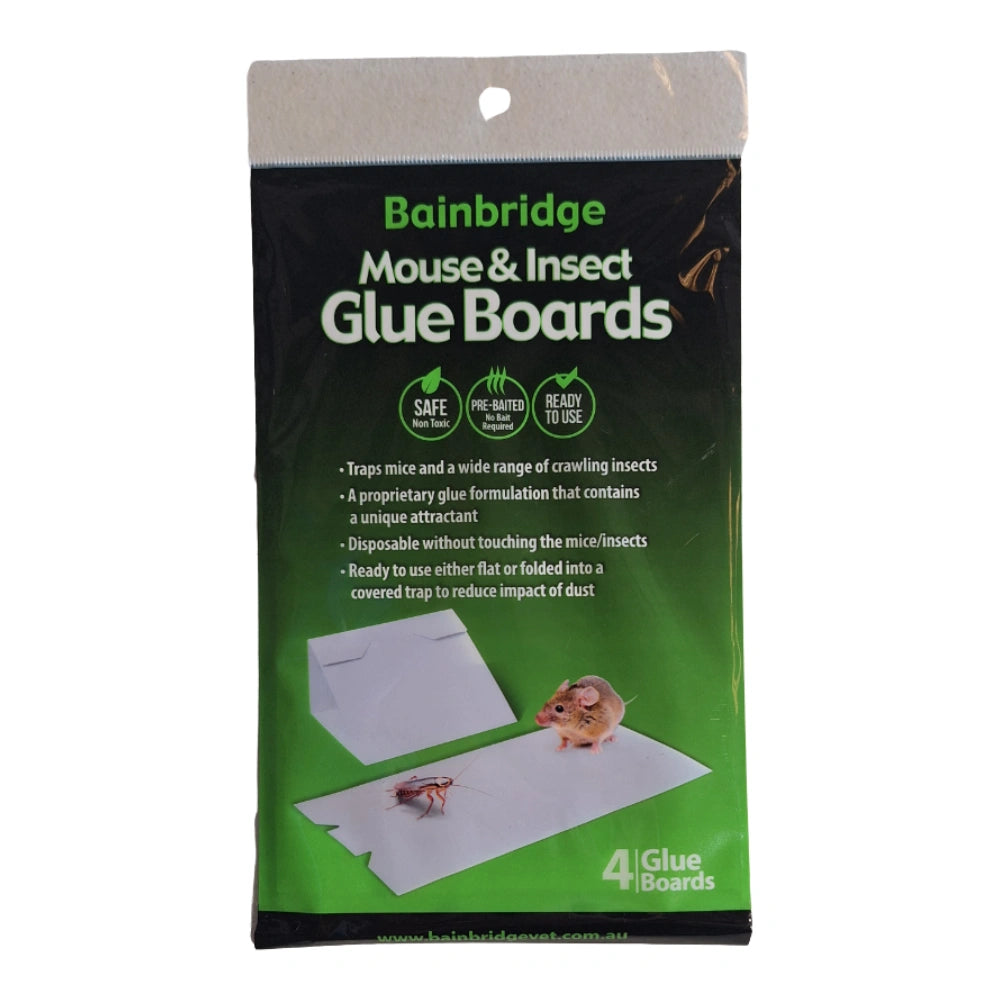 Packaging of Bainbridge Mouse & Insect Glue Boards with green and white design.