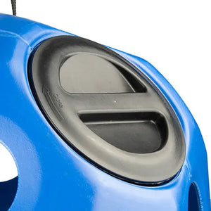 Close-up of a blue horse toy ball handle with a black interior