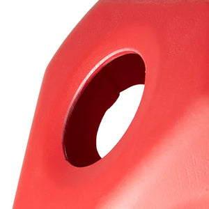 Close-up of a red horse toy with a central hole on a white background