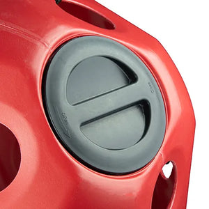 Close-up of a red horse toy with a black center cap on a white background