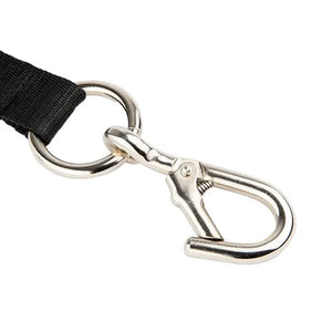 Metal clasp with black strap on a white background