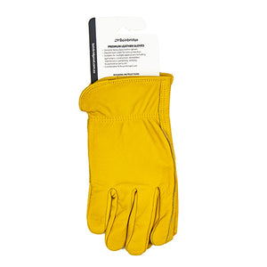 Yellow leather glove with a white label on a white background