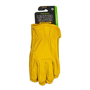 Yellow leather glove with palm protection on a white background