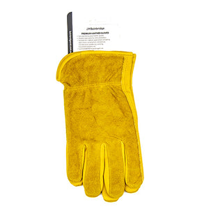 Yellow leather glove on a white background with branding.