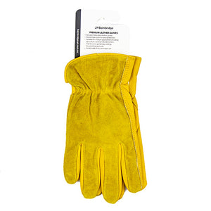 Yellow leather glove with a visible brand label on a white background