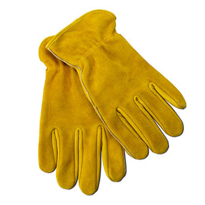 Pair of yellow leather gloves on a white background