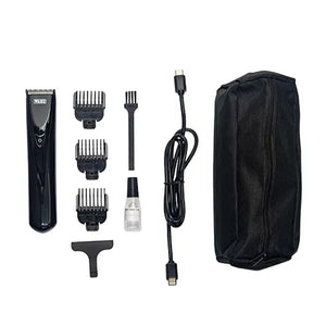 Set of grooming tools including a hair clipper, attachments, and a carrying case on a white background.