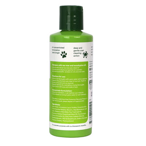 Green dog shampoo bottle with label on a white background