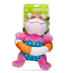 Plush hippo toy with a life preserver and sunglasses on a white background