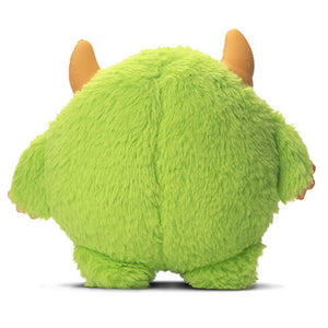 Green plush toy with brown horns on a white background