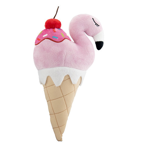 Plush toy shaped like a flamingo in an ice cream cone with a cherry on top against a white background