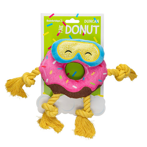 Donut-shaped toy with goggles and ropes on a white background