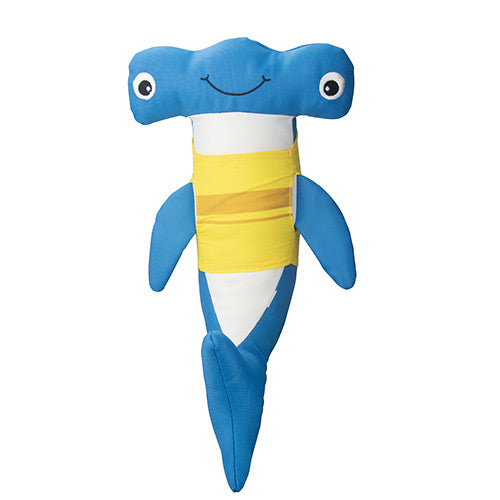 Blue shark plush toy with a yellow shirt on a white background