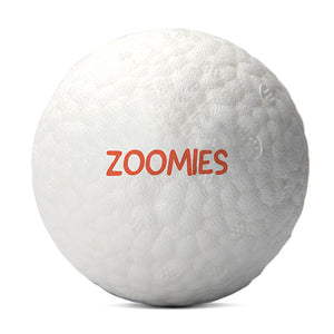 White textured ball with 'Zoomies' text on a white background