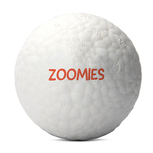 White textured ball with 'Zoomies' text on a white background